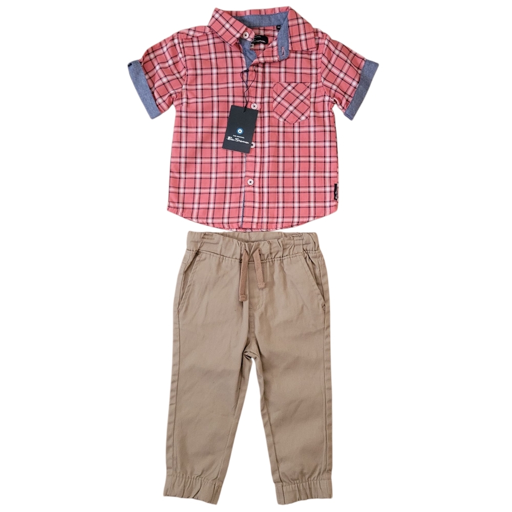 NWT Ben Sherman 2-Piece Set Plaid Button Up Shirt & Pants Boys Size 18M